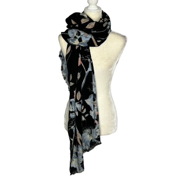 Roses Scarf Black Gray Pink Floral Oversize Wrap Raw Hem Beach Cover Up OS - Picture 7 of 9